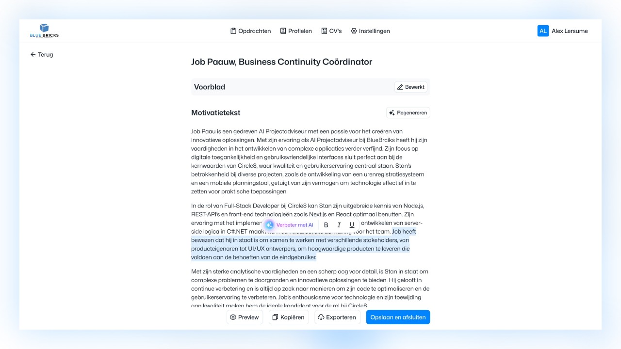 Een screenshot van de software van Blue Bricks waarmee helemaal automatisch CV's worden geschreven.