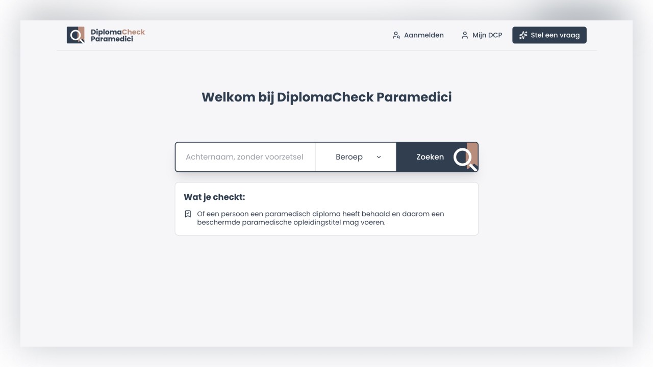 Een screenshot van de website van Diplomacheck Paramedici