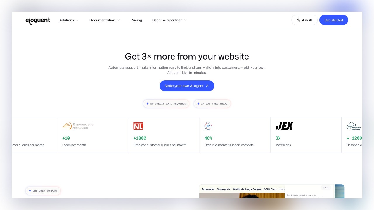 Een screenshot van de website van Eloquent