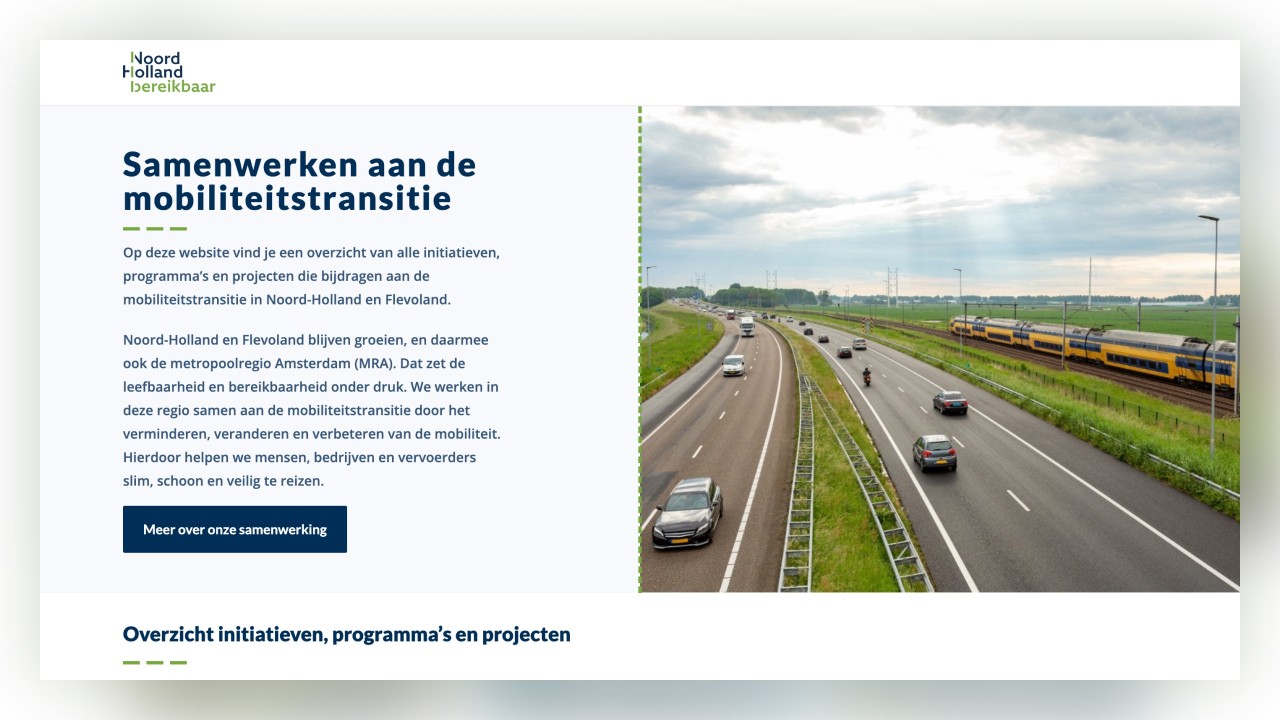 Een screenshot van de website van Noord-Holland Bereikbaar