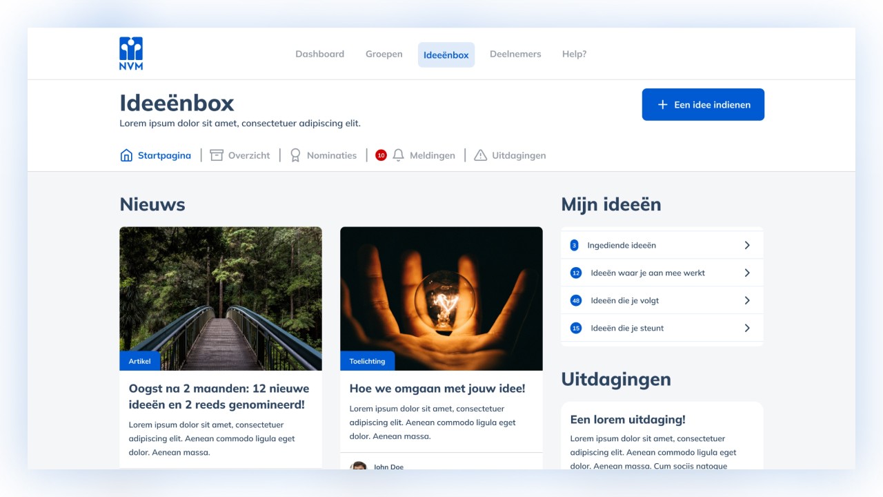 Een screenshot van de ideëenbox software voor de NVM