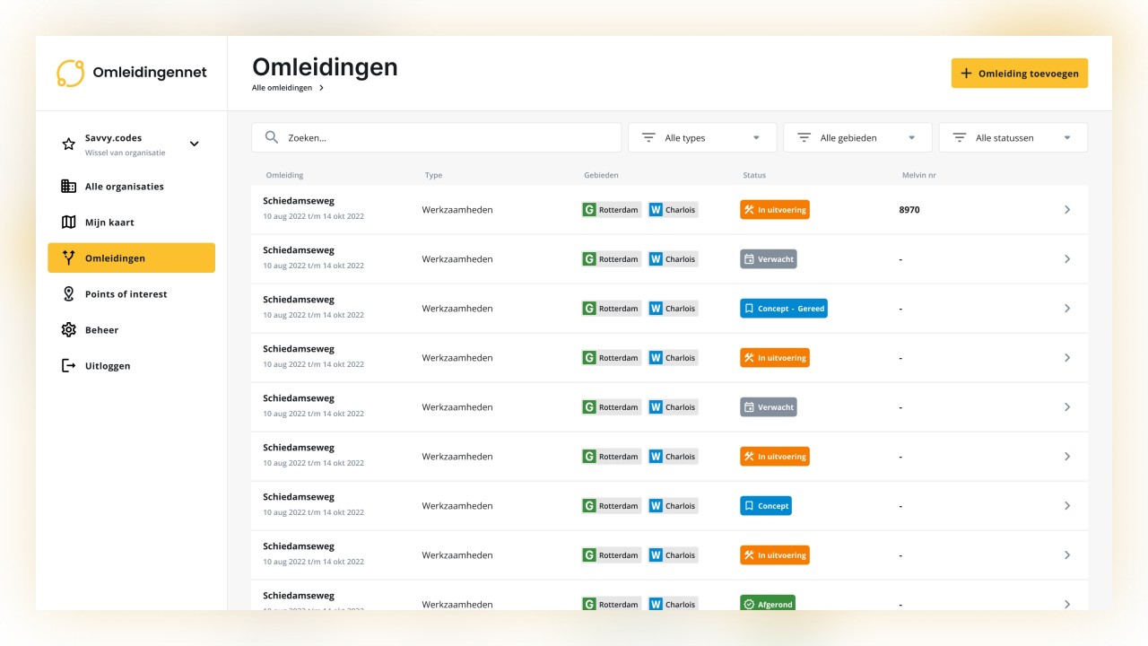 Een screenshot van de Software as a Service van Omleidingennet.