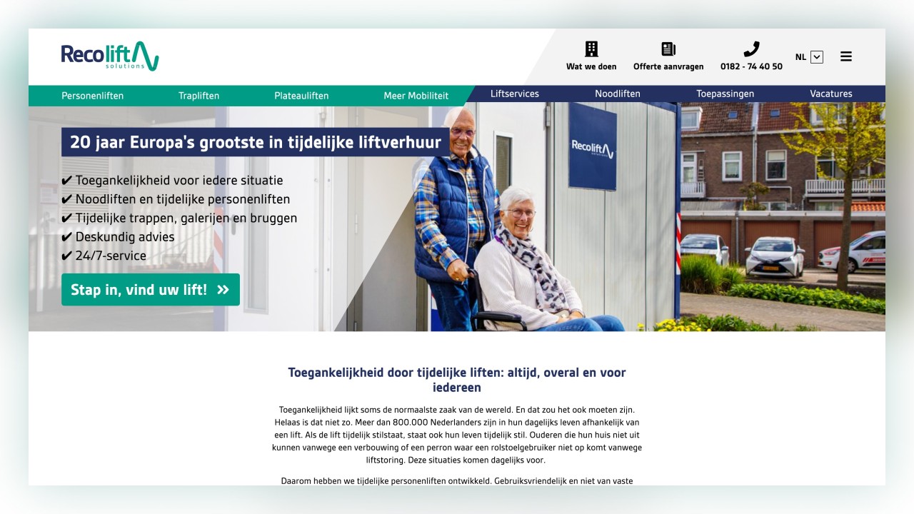 Een screenshot van de website van Recolift