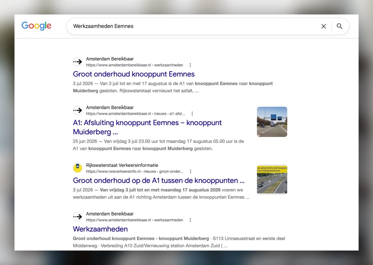 Een screenshot van Google laat project Amsterdam Bereikbaar van Savvy.codes in de zoekresultaten zien