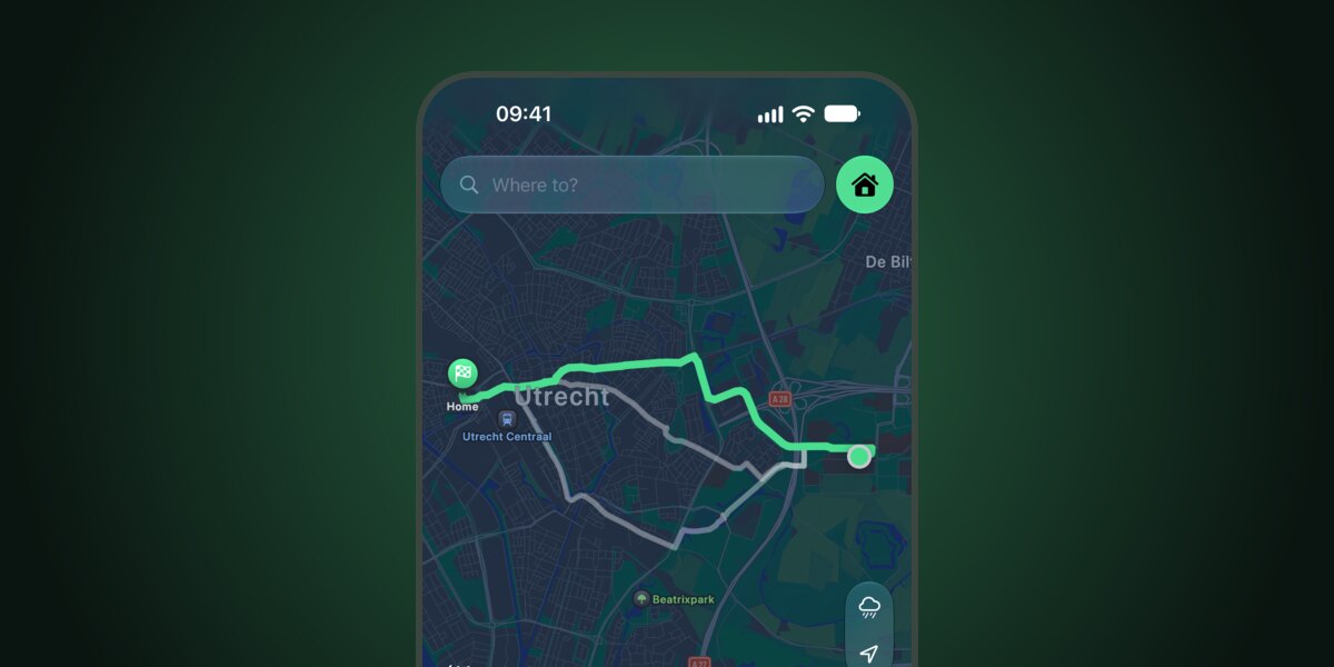 Een fietsroute in de E-Lett app die past bij het bereik van de accu