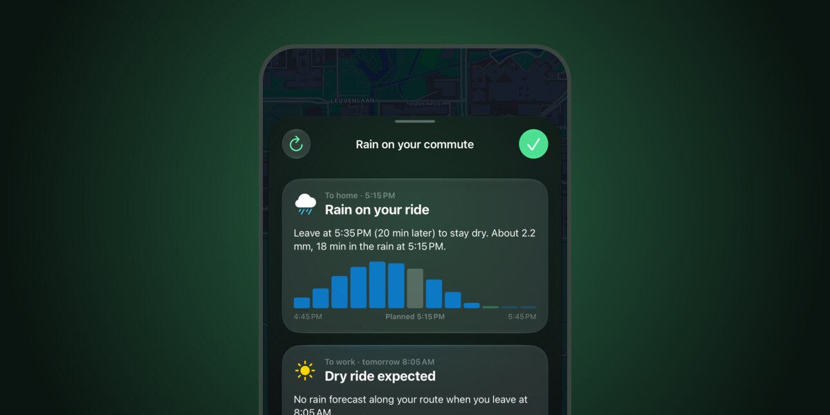 Regenverwachting langs de woon-werkroute in de E-Lett app