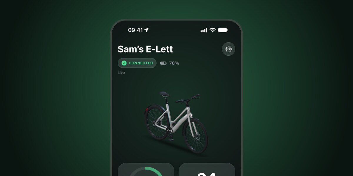 Het dashboard van de E-Lett app met accu, snelheid en de fiets in 3D